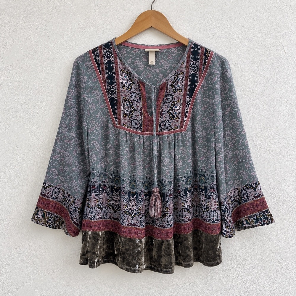 Knox Rose Boho Paisley Velvet Trim Peasant Blouse Teal Burgundy Medium
